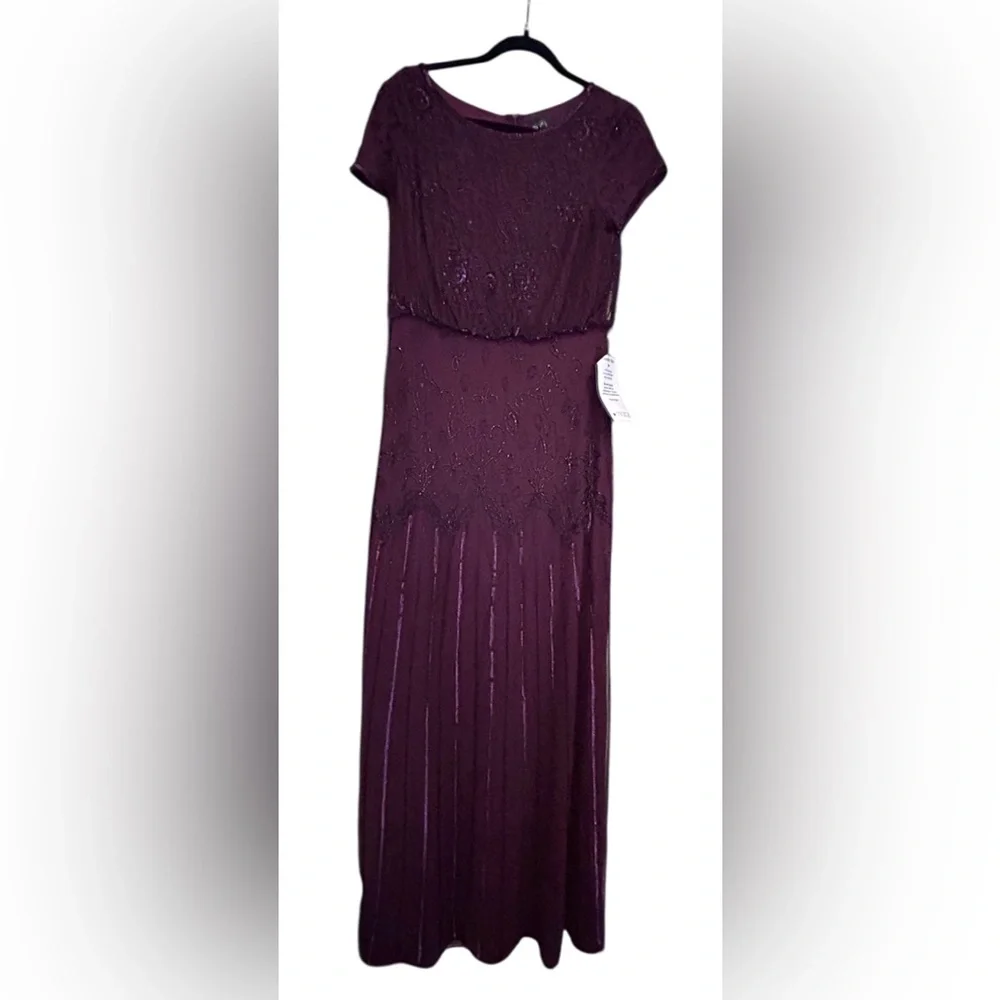 Adrianna Papell Plum Beaded Short-Sleeve Maxi Gown Size 6 Missing Sequins NWT